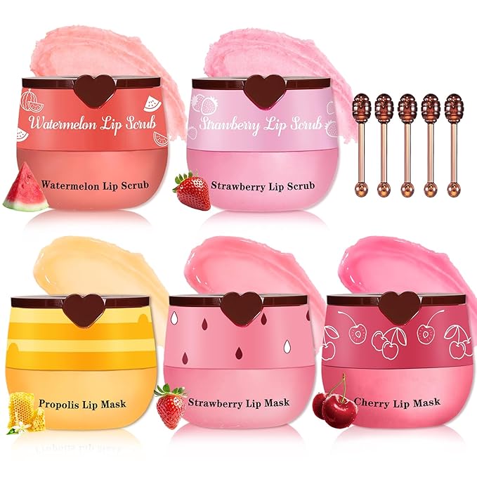 5PCS Lip Scrub and Mask Set,Cherry Strawberry and Honey Pot Lip Balm,2PCS Lip Exfoliator Scrub and Moisturizer,Clean and Repair,Reduce Fine Lines,Natural Ingredients,Cruelty Free