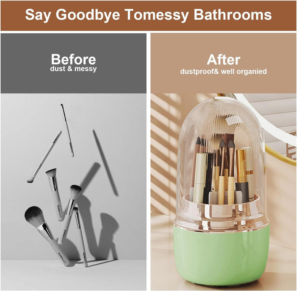 360° Rotating Toothbrush Holder with Cover, 7-Slot Bathroom Organizer for Electric Toothbrush, Toothpaste, Razors, Draining Water, Countertop Vanity Storage