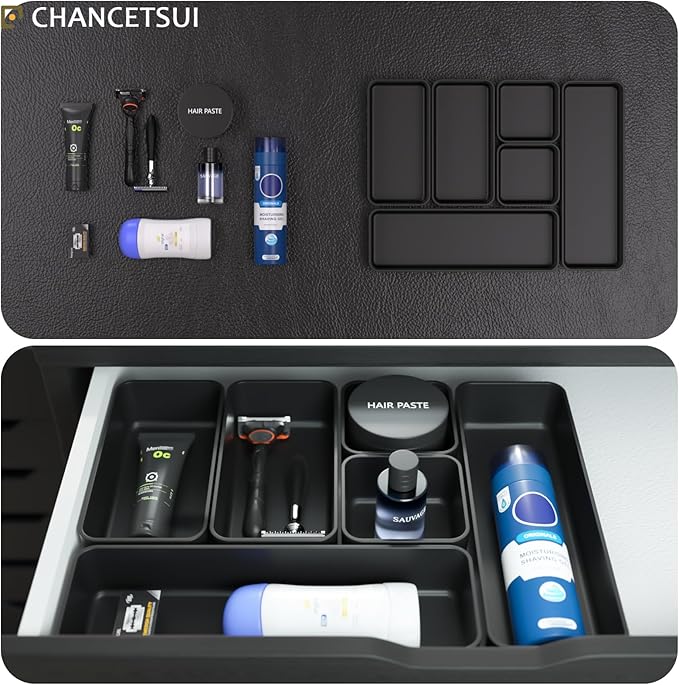 Organizer Drawers, Storage Plastic Desk Bins Stackable Organizers Tray, Bathroom Dividers Small Makeup Bin Clothes Organizing Trays for Containers Vanity Office Cabinet Desktop Compartment, Black