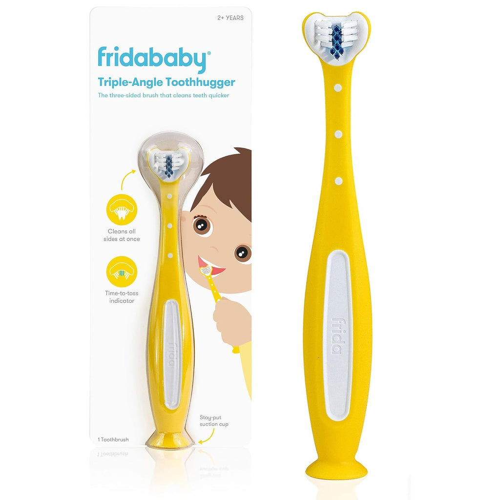 Frida Baby Triple-Angle Toothhugger Training Toddler Toothbrush | Toddler Toothbrush 2 Years and Up, Cleans All Sides at Once | Yellow
