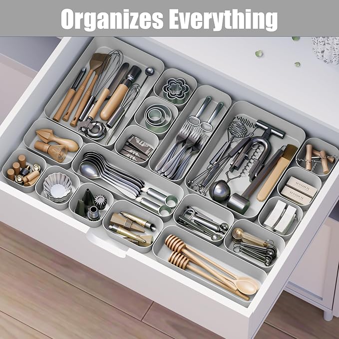 Plastic Drawer Organizers, 10 PCS Drawer Organizer Bins, Bathroom and Vanity Organizer Plastic Tray, Makeup organizer and storage for Makeup, Bedroom, Kitchen Gadgets Utensils and Office (Gray)