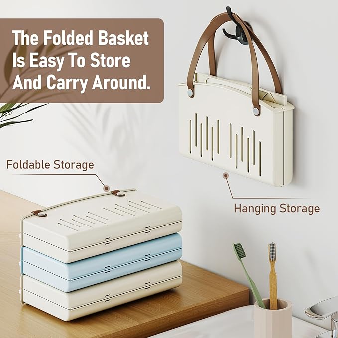 Delamu Portable Shower Basket Caddy with Double Handle Foldable Dry Wet Separation Design 11.0 × 7.1 × 6.5in, Travel, Camping, Gym, College Bathroom Tote, White, Ideal Christmas Gifts for Girls