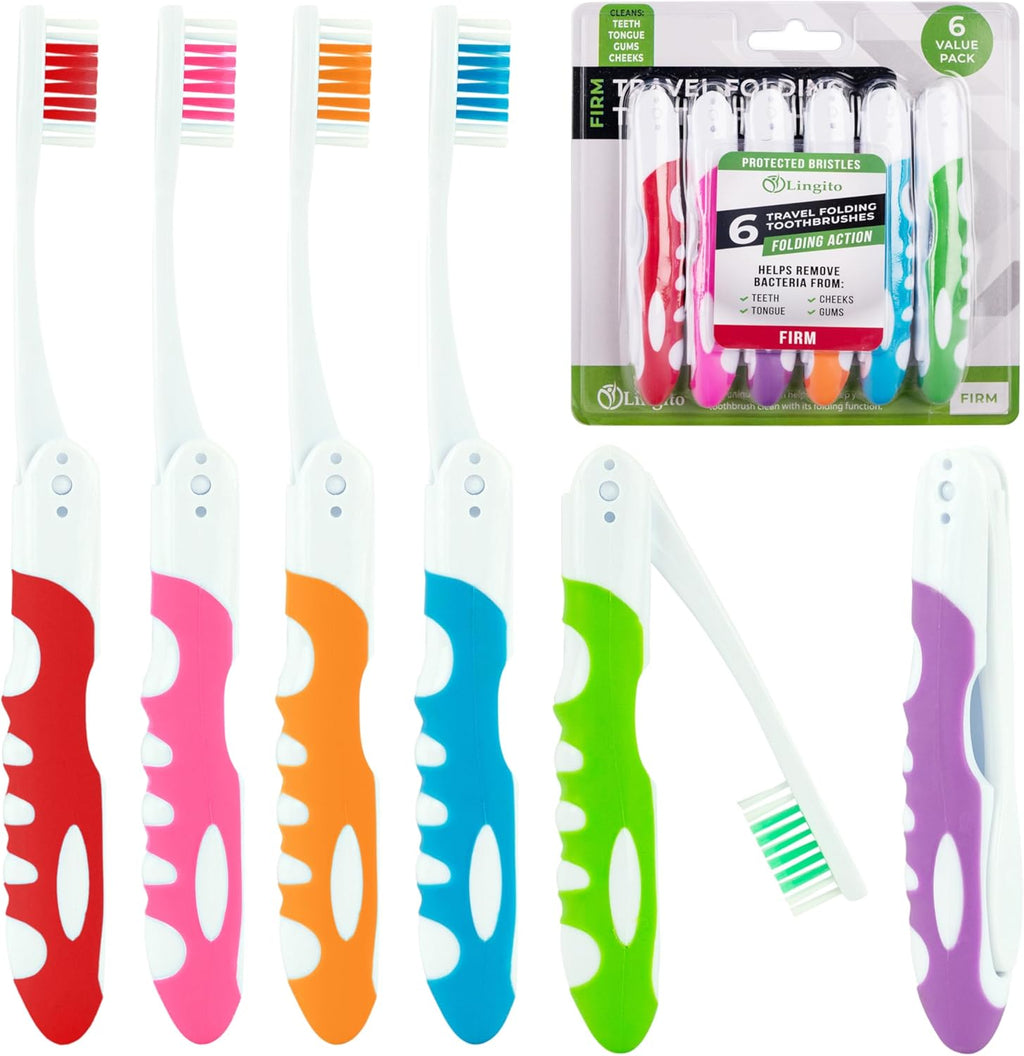 Portable Travel Toothbrush Kit - Built-in Cover, Folding, Collapsible for Hiking, Camping, Traveling - 6 Pack Firm Multicolor