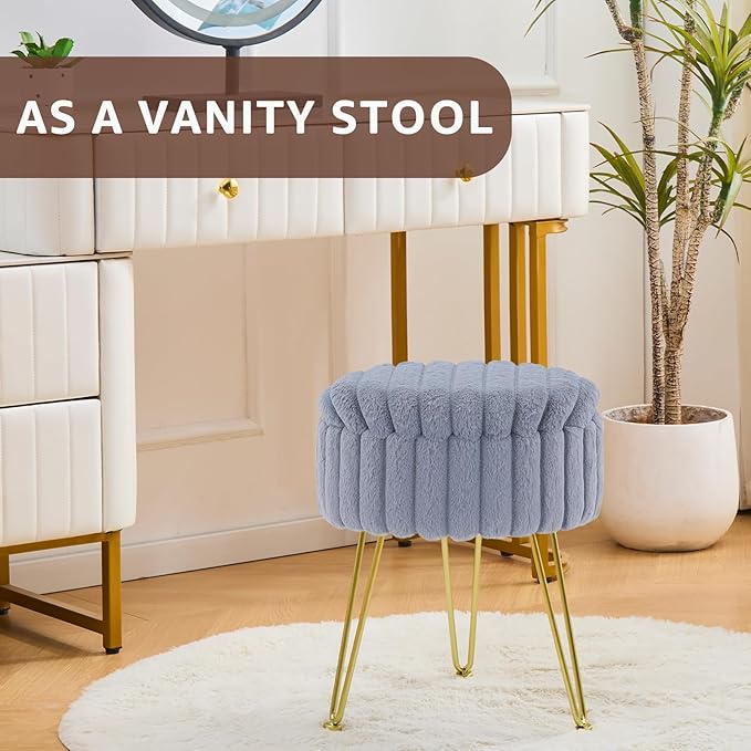 Wimarsbon Vanity Stool with Storage, Faux Fur Ottoman Chair with Metal Legs, Round Makeup Vanity Chair for Bedroom or Dressing Table, Modern Small Ottoman Seat (Grey)