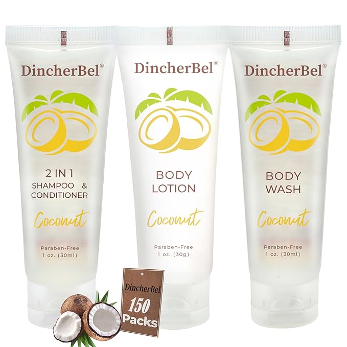 Travel Size Toiletries Kits, Bulk Mini Hotel Guest Amenities (Tropical Coconut, 1oz each), 3-Piece Sets Refreshing Coconut Scent - 50 Shampoo & Conditioner 2 in 1, 50 Body Wash and 50 Body Lotion