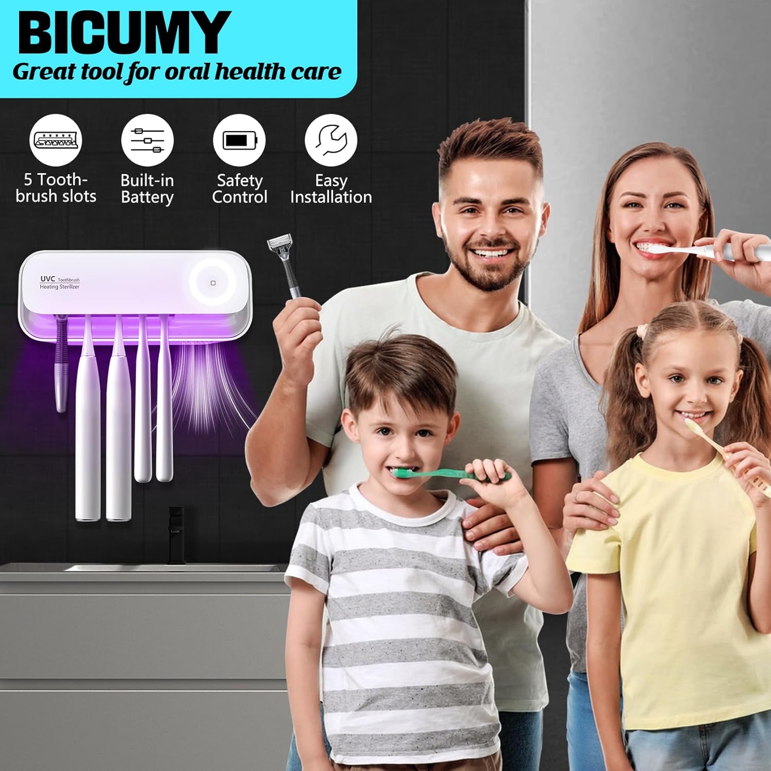 Toothbrush San itizer Holders Tooth Brush Holder Wall-Mounted for Bathroom 5 Slots Electric Toothbrush Holder with Light San itizer Toothbrush Cleaner with Air Dry