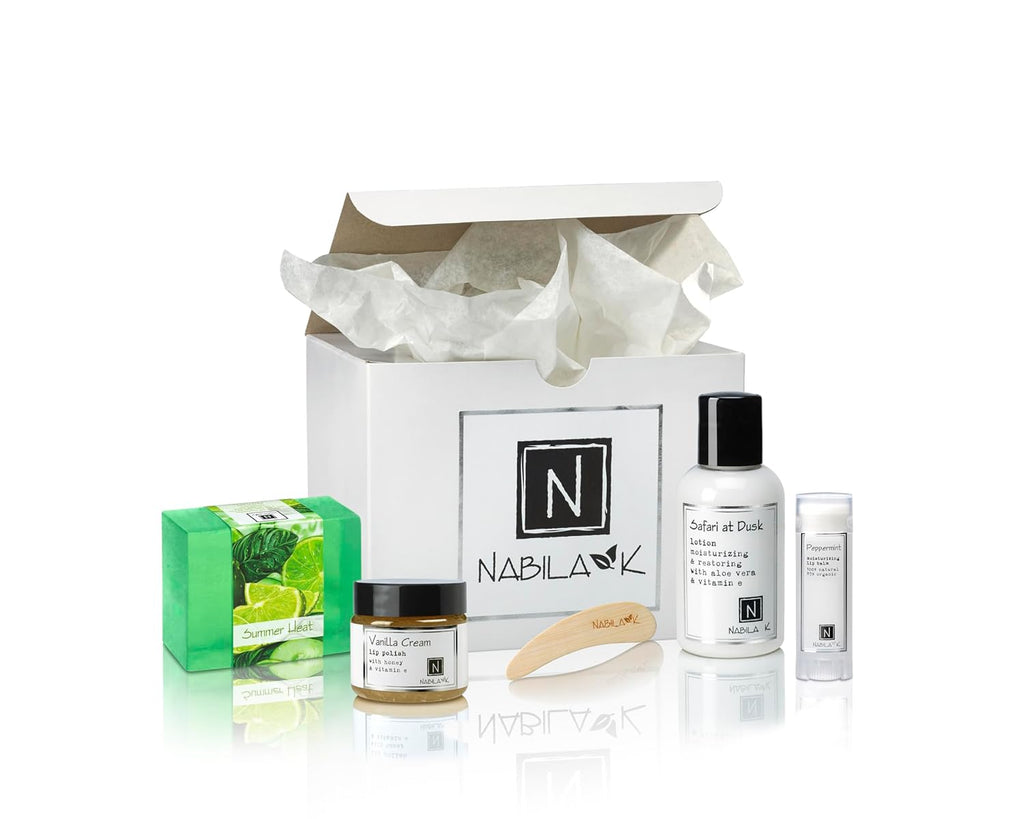 Nabila K Summer Safari Gift Set – Includes Summer Heat Soap, Safari at Dusk Body Lotion, Vanilla Cream Lip Polish & Peppermint Lip Balm – Luxury Bath & Body Kit for Women & Men – Ready-to-Gift Spa Box