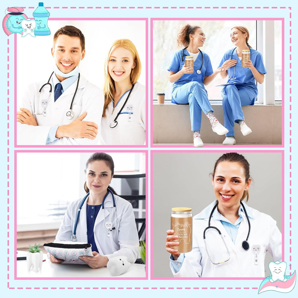 Pickmesh 6 Pcs Dental Gifts Nurse Assistant Hygienist Gifts 16 oz Glass Cups with Lid Makeup Bag Smiling Tooth Shape Felt Badge Holder Ceramic Pen Toothbrush Pot for Women Coworkers(White)