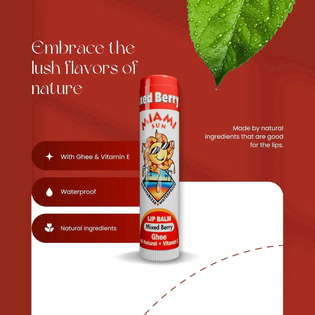 Miami Sun Natural Ghee Lip Balm, Hydrating Lip Treatment with Shea Butter & Beeswax, Organic & Non-Toxic, Best for Dry, Chapped Lips - Moisturizing, Healing, Chemical-Free Care (4 Gift Pack, Variety)