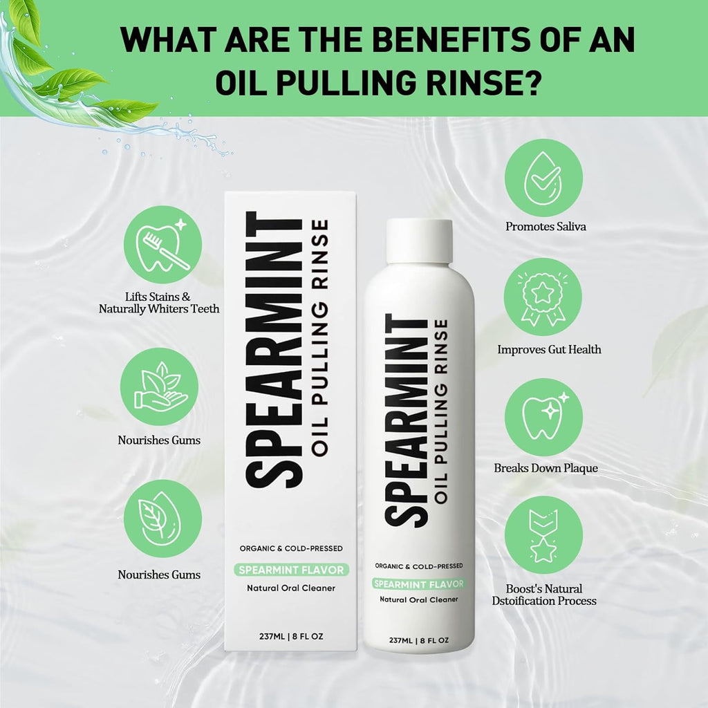 Spearmint Oil Pulling Rinse – with Organic Cold-Pressed Coconut Oil ＆ Mentha Haplocalyx Oil, Natural Mouthwash for Fresh Breath, Healthy Gums & Teeth Whitening, 8 fl oz (1)