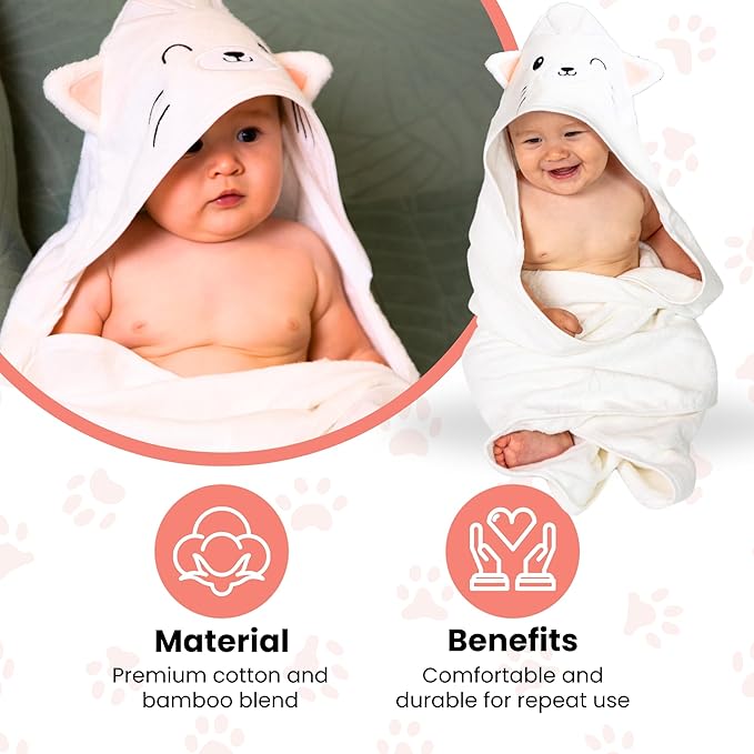 Premium Hooded Towel - 500GSM Viscose derived from Bamboo Cotton Baby Towels- Ultra Soft & Absorbent, Extra Large 35” x 35”, Hypoallergenic, Machine Washable Toddler Towel - Cat