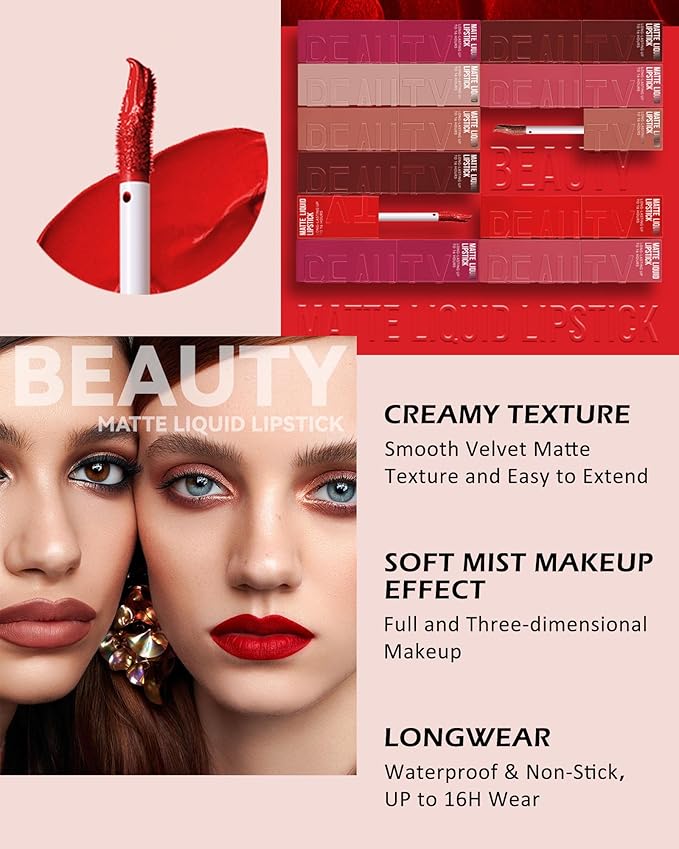 Matte Liquid Lipstick Set-3Pcs High Pigmented Lip Stain Tint,Matte Velvet Lip Gloss,Up to 16H Wear Lipgloss,Long Lasting Waterproof Non-Stick Tinted Lipstain,Christmas Makeup Gift Kit for Women-B