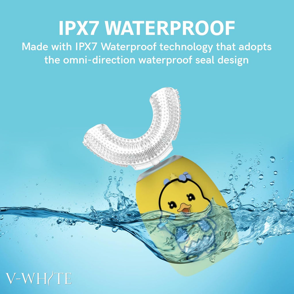 V-WHITE Ultrasonic U-Shaped Toothbrush For Teeth Whitening, Electric Toothbrush - 360° Mouth Cleansing, Hands Free Gums Protection - Wireless Charging - Waterproof IPX7 Certified (YELLOW - KIDS, KIDS)