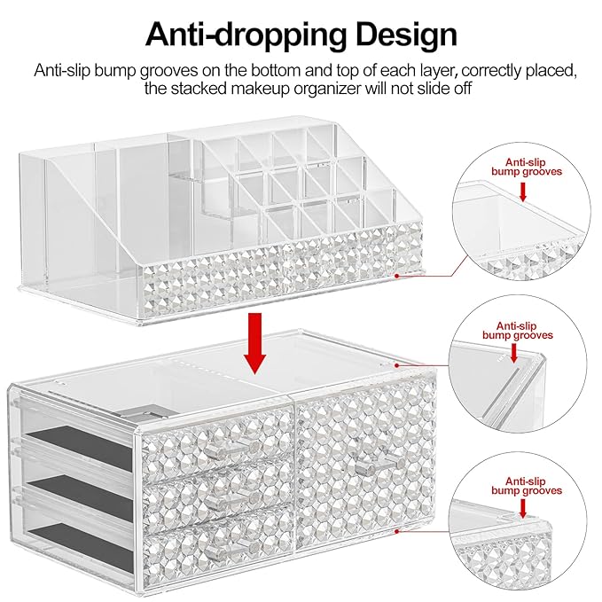 3 Pack Makeup Organizer Stackable[Upgraded], Acrylic Cosmetics Storage Cases with 8 Drawers Perfume Organizers For Brush Holder or Jewelry Display,Plus Size,Best For Vanity,Bathroom or Countertop
