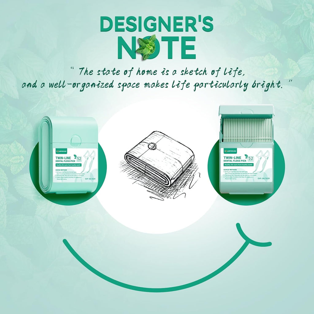 Travel Dental Floss Picks, 3 Cases with 156 Count Mint Flavor Twin-Line Dental Flosser, Portable Floss Case, Portable Floss Dispenser, Travel Floss Sticks for Adults (Green)