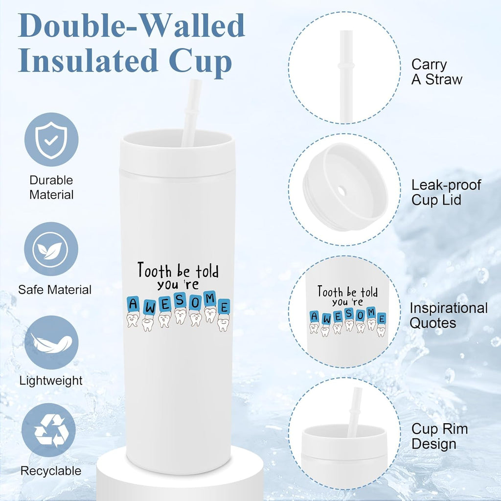 Skylety 3 Pcs Dental Hygiene Month Gifts Dental Assistant Hygienist Appreciation Gift 16oz Tumbler with Lid Cute Teeth Makeup Bag Stress Toy Employee Thank You Dentist Coworker Nurse Student(White)