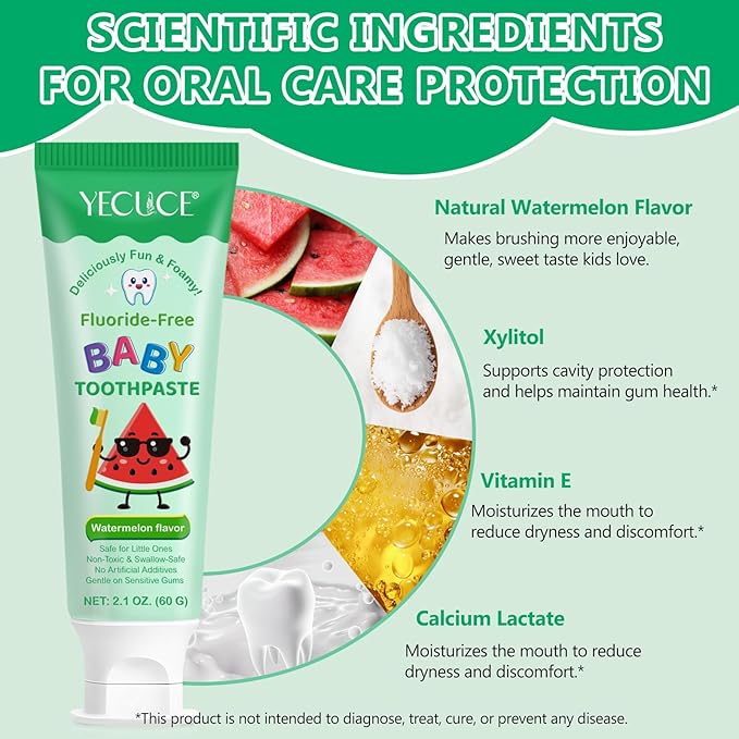 Kids Toothpaste Watermelon Flavor, Swallowable Toothpaste with xylitol and Vitamin E, Fights Plaque, Designed for Children, 2.1OZ