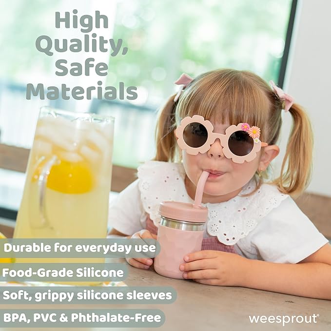 WeeSprout 2-in-1 Drinking Cups for Kids, Durable Stainless Steel Tumbler for Smoothies, Silicone Straws with Stoppers, Premium Plastic Twist Lids, Easy-Grip Sleeves, Set of 4 Dishwasher Safe Kid Cups