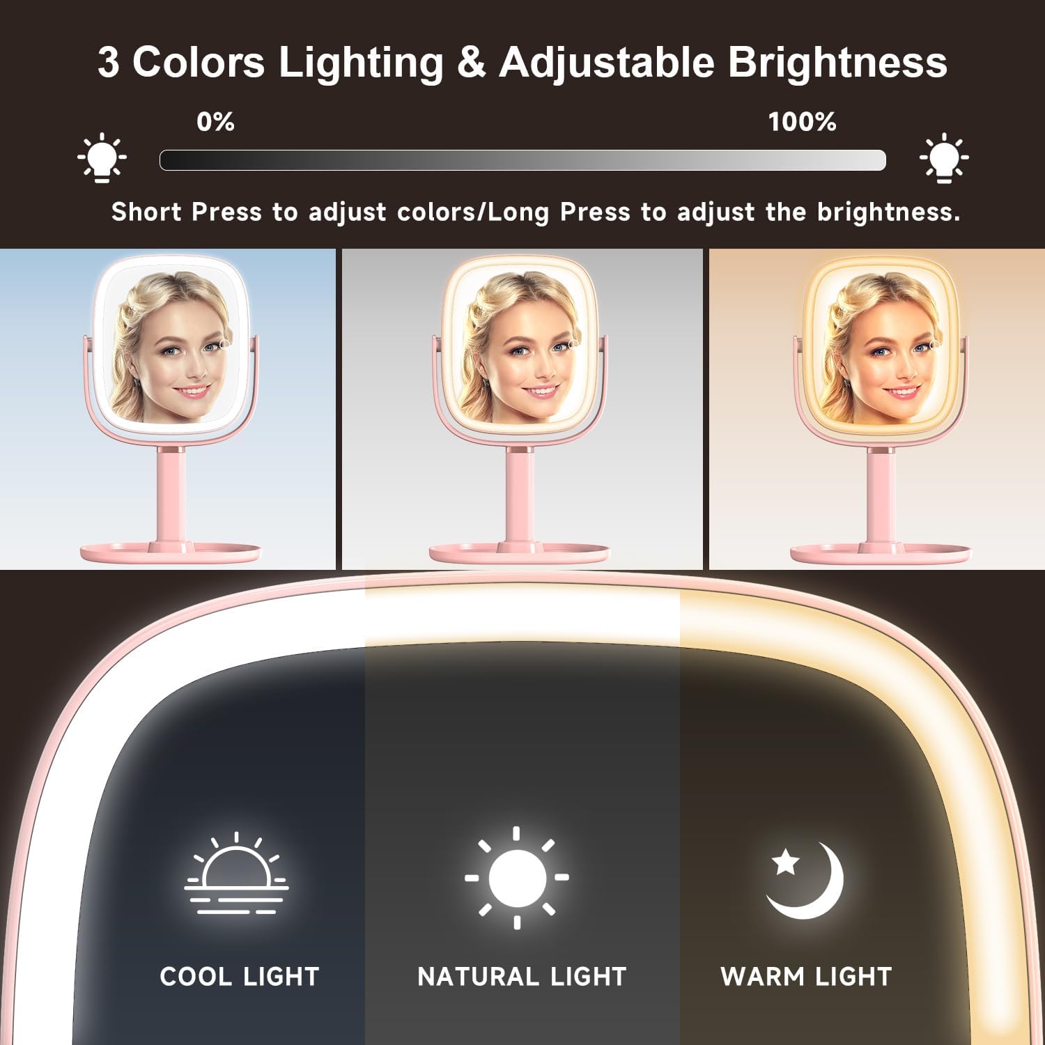 Mocado Makeup Mirror with Lights, 1X/20X Magnifying Mirror with Light, Vanity Mirror with 3 Colors Lights, Height Adjustable Lighted Makeup Mirror, Double Sided 360°Rotation, Memory Function (Pink)