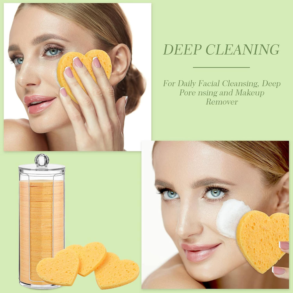 Sieral 120 Pcs Compressed Facial Sponges with Container Disposable Face Sponge Pads for Washing Face Cleansing Exfoliating Esthetician Makeup Removal(Heart,Yellow)