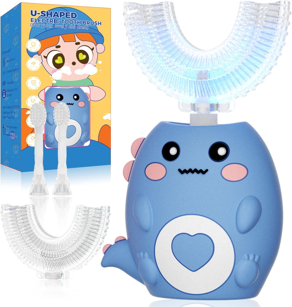 Kids U Shaped Electric Toothbrush, with 3 Cleaning Modes, with 4 Brush Heads, 360° Sonic Automatic Toothbrush, IPX7 Waterproof Cartoon Dinosaur Design (Ages 2-12)