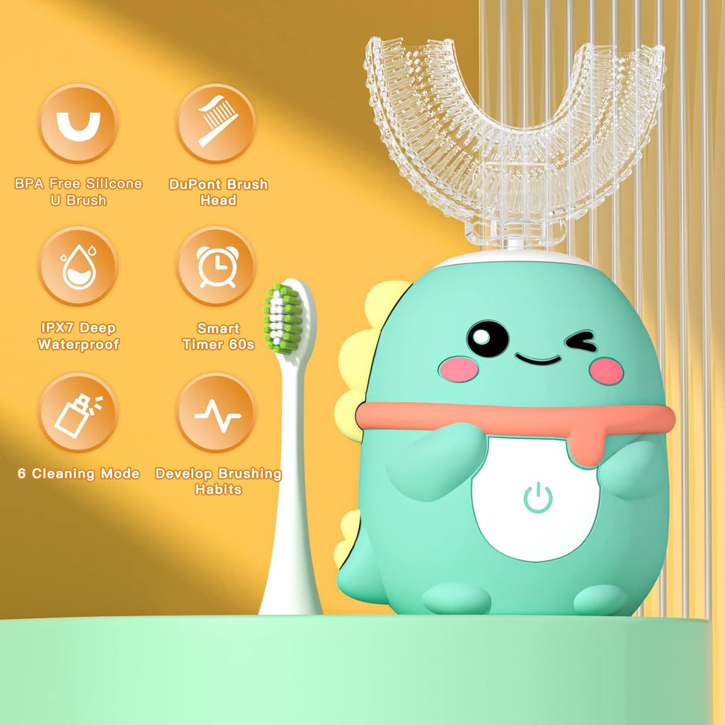 Kids Electric Toothbrush U Shaped Toddler Auto Sonic Toothbrushes with 5 Brush Head,Cartoon Dinosaur Ultrasonic Toothbrushes for Children 2-12 Years,360° Full Mouth Cleaning Automatic