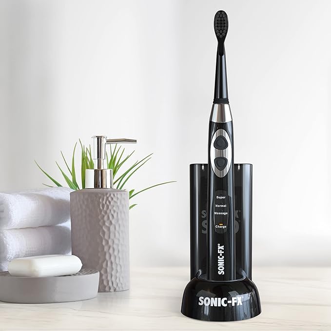 Sonic-FX Solo Electric Toothbrush w/ 10 Brush Heads + 1 Interdental, Charcoal Bristles, Rechargeable, Charging/Storage Base, 3 Brush Modes, Smart Timer, 2 Months Use on Full Charge, Black Color