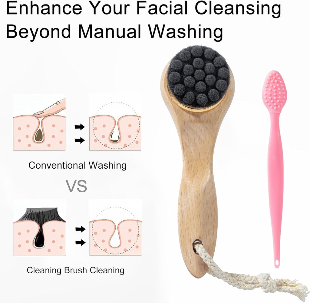 Face Scrubber with Wooden Handle, Manual Facial Cleansing Brushes for Deep Pore Cleansing, Soft Bamboo Charcoal Fiber Exfoliating Face Wash Brush and Silicone Lip Scrubber for Face Care, Black