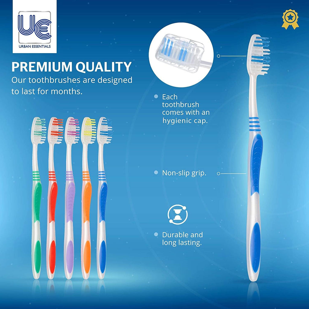 Urban Essentials Bulk Toothbrush Package with Covers | Premium Quality Individually Wrapped Colorful Tooth Brushes | Medium Soft Toothbrush Hygienic Cap for Donations, Travel, Hotels (25 Pack)
