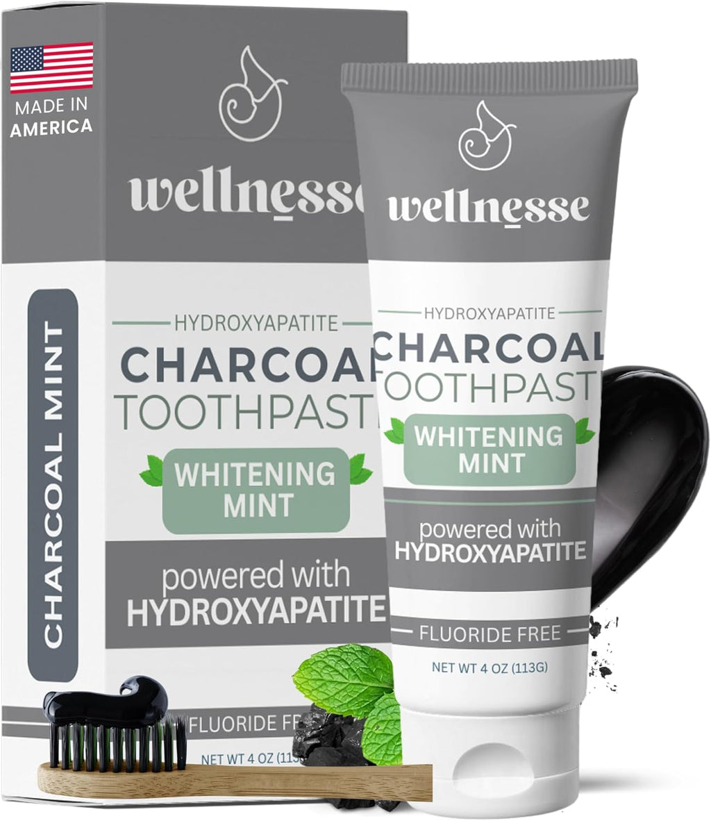 Wellnesse Activated Charcoal Whitening Toothpaste with Xylitol, Fluoride-Free Hydroxyapatite Black Charcoal Toothpaste for Adult Fresh Breath, Natural Teeth Whitening, Mint Flavor, 4 oz (Pack of 1)