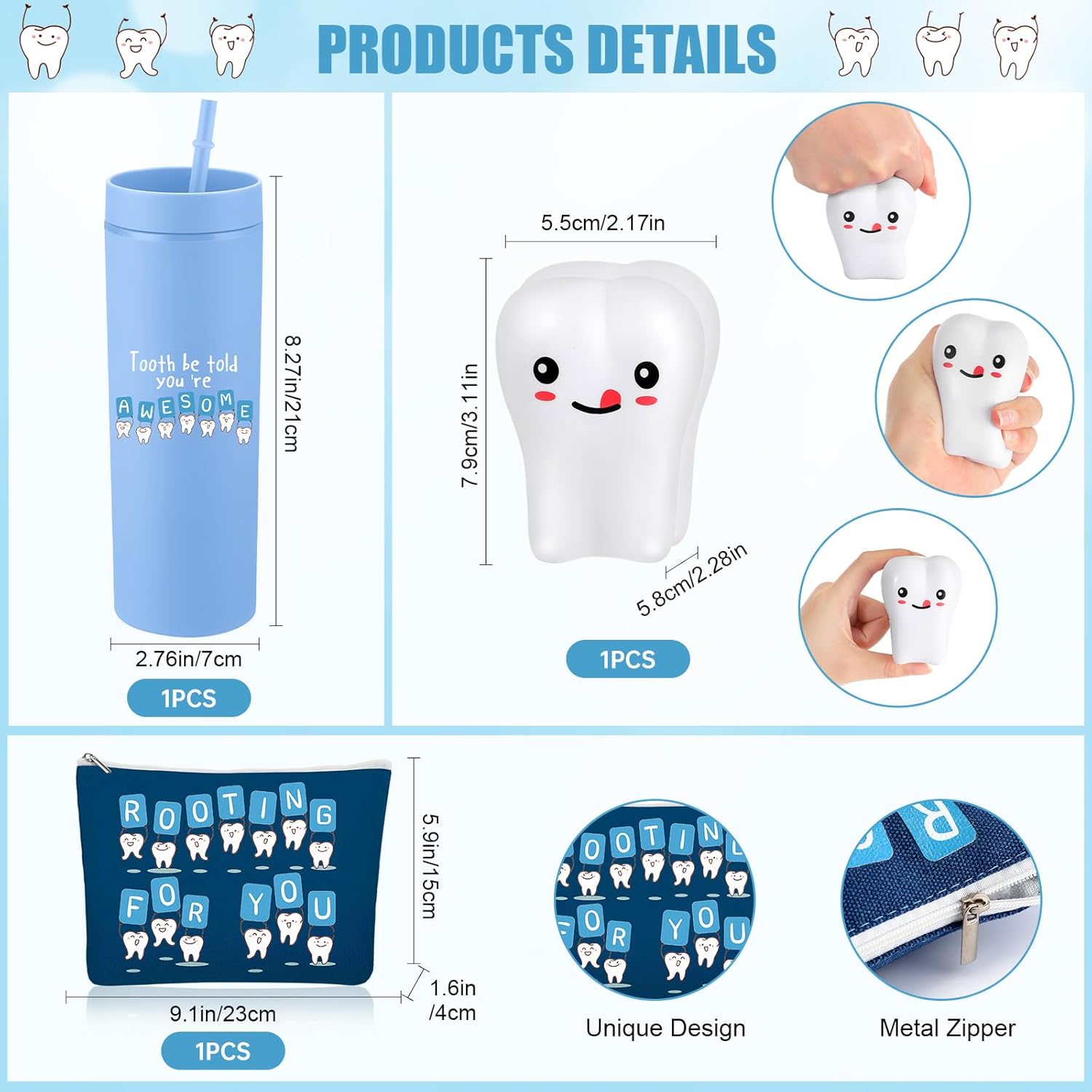 Skylety 3 Pcs Dental Hygiene Month Gifts Dental Assistant Hygienist Appreciation Gift 16oz Tumbler with Lid Cute Teeth Makeup Bag Stress Toy Employee Thank You Dentist Coworker Nurse Student(Blue)
