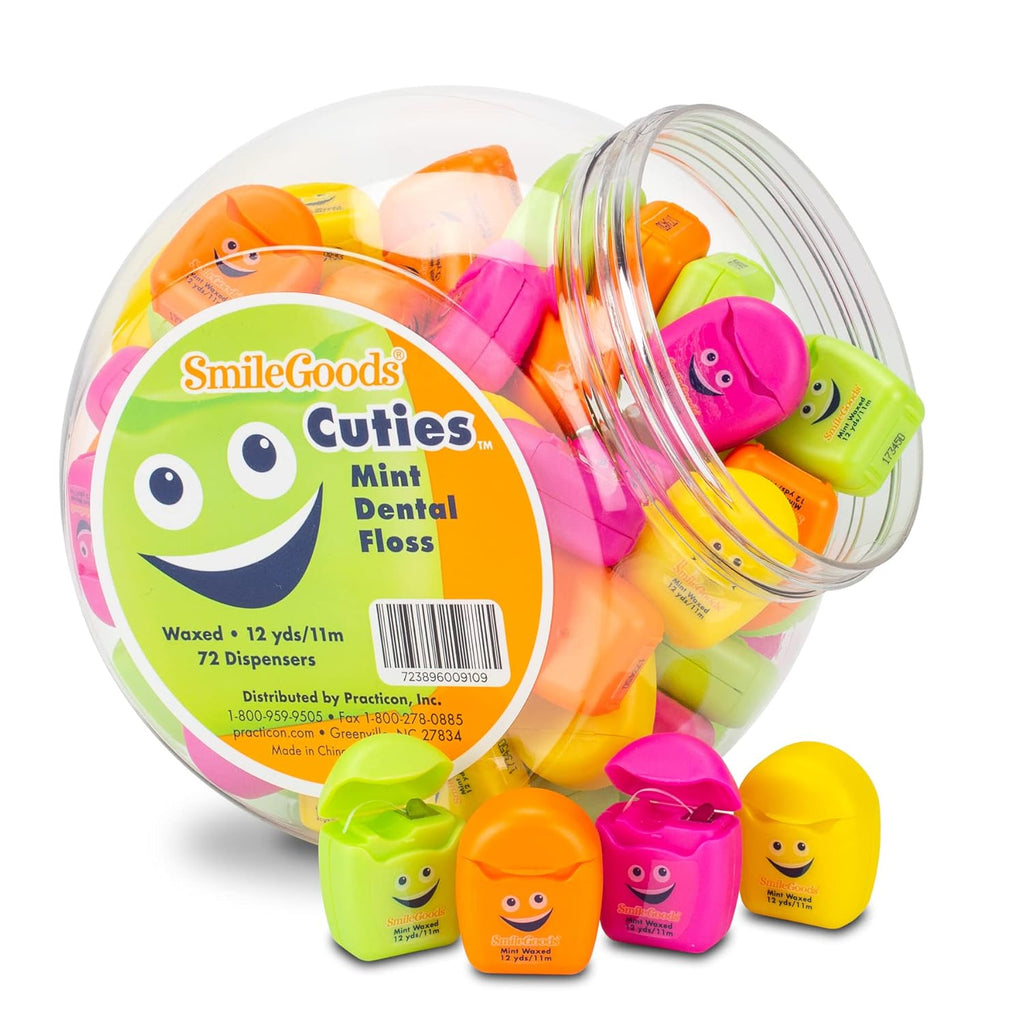 Practicon SmileGoods Cuties Mint Waxed 12 Yard Dental Floss, Mini Sample Size Floss for Giveaways, Travel, Kids, Adults, Patients, Assorted Bright Colors with Display Canister, Bulk 72 Pack