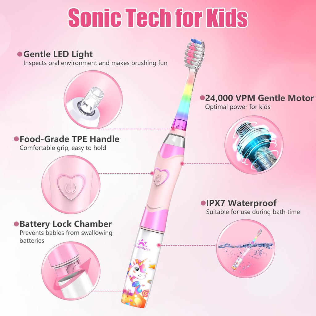 Kids Electric Toothbrush Toddler Toothbrush Age 2-4-8-12 Electric Toothbrush Kids with Timer Rainbow LED Light Up Vibrating Toothbrush Battery Operated Childrens Girls Sonic Tooth Brush (Pink Unicorn)