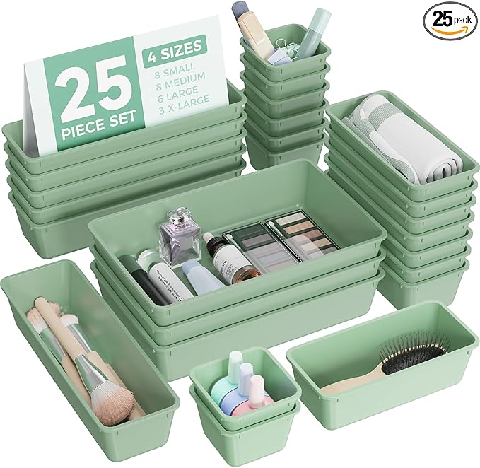 25 PCS Plastic Drawer Organizers Set, 4-Sizes Vanity and Makeup Organizer, Desk and bathroom Drawer Organizer Trays, Organizers and Storage for Makeup, Jewelry, Gadgets, Utensils (Green)