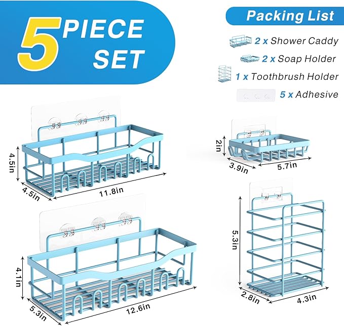 EUDELE 5-Pack Rustproof Stainless Steel Shower Caddy – No Drill Adhesive Bathroom Organizer with Large Capacity, Spacious Shower Shelves for Inside Shower, Kitchen & Home Decor Storage-XL Size