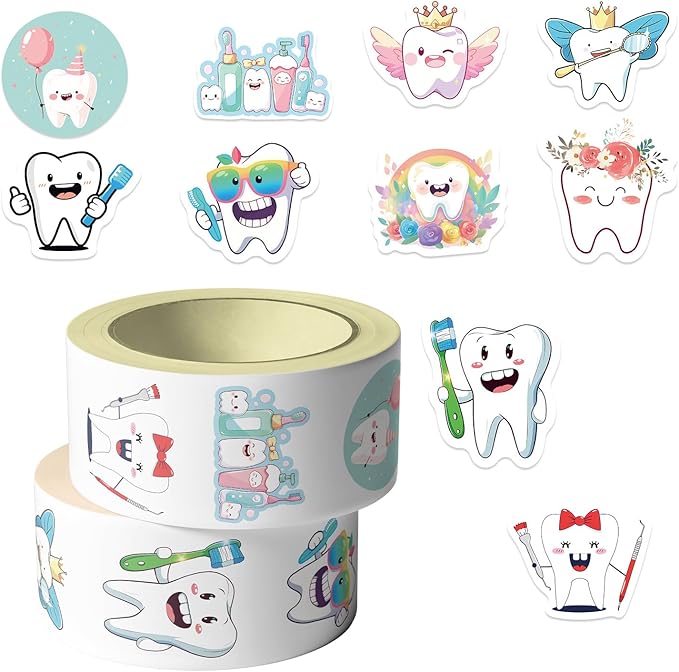 1000PCS Tooth Stickers Roll for Kids, 2 Rolls 10 Styles Cartoon Teeth Fairy Sticker, Dental Reward Stickers for Dentist, Classroom, Scrapbooking, Party Favors, DIY Crafts