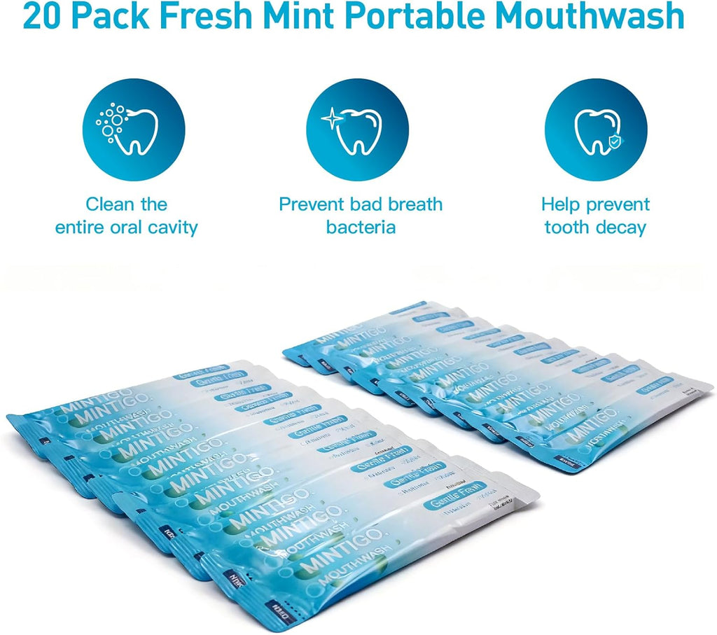 Mouthwash Travel Size Portable Packets to Go, Alcohol Fluoride Free Fresh Mint for Travel Essentials, Travel Mouth Wash for Superior Oral Hygiene, 20 Individual Travel Mouthwash Packets (Pack of 20)