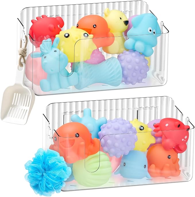 2-Pack Clear Bath Toy Storage Holder Organizer, Large Capacity Durable Plastic Bathtub Shower Caddy with Drain Holes, Quick-Dry Drainable Easy Install (Clear White 2-Pack)
