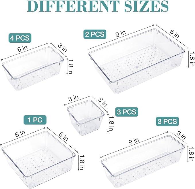 13 PCS Drawer Organizer Set, 5 Varied Size Bathroom and kitchen Drawer cabinet organizer Trays, Clear Storage Bins for Makeup, Jewelry, Utensils and Gadgets