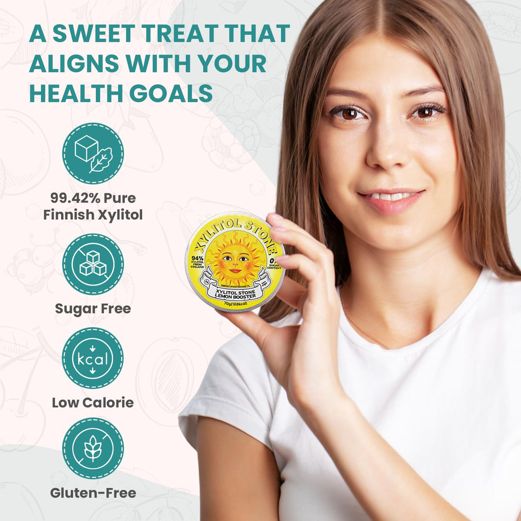 Xylitol Stone Sugar Free Candy - Vegan & Keto Friendly Unique Hard Candy Sugar-Free - 100% Natural Flavor Candies - Gluten Free & Non-GMO Breath Freshener Low Calorie Mints- Lemon Booster (Pack of 2)