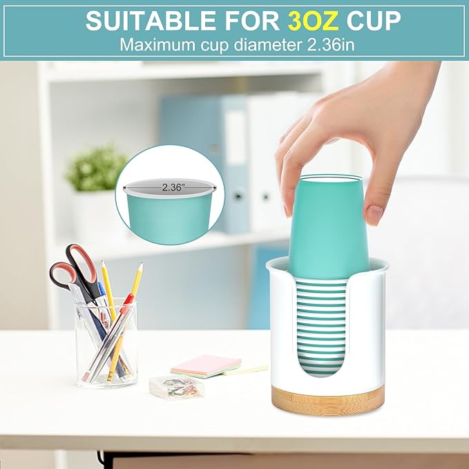 2 Pack Bathroom Cup Dispenser - Small Cup Holder and Mouthwash Cups Holder for 3 Oz Countertop - Convenient Paper Cup Dispenser - Bamboo Wood Base Bathroom Cup Holder（White）