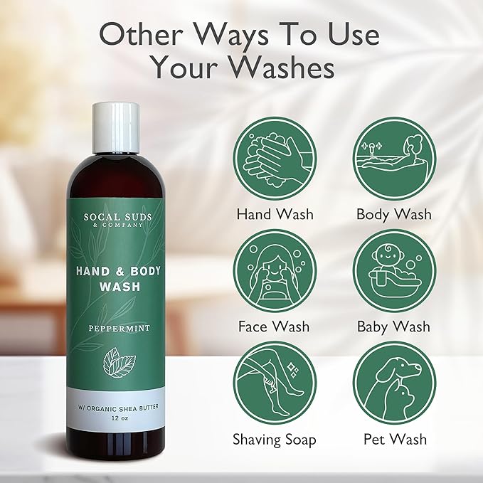 SoCal Suds & Company Hand & Body Wash Organic Shea Butter - Peppermint Scent - Liquid Soap - Daily Body Wash for Men and Women - Moisturizing Ingredients - Gentle Shower Gel - Non-Drying - 12oz