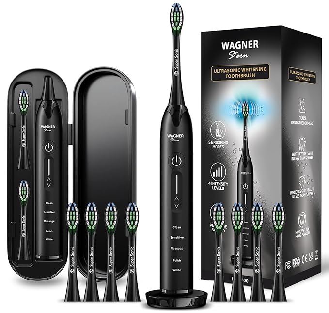 Wagner Stern Ultrasonic whitening Toothbrush with Pressure Sensor. 5 Brushing Modes and 4 Levels of Intensity, 8 Soft bristles, Travel case.