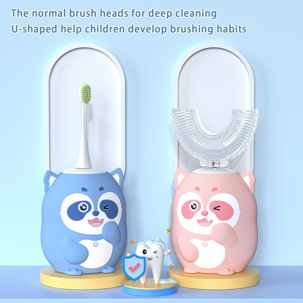 Kids Electric U Shaped Toothbrush Children Rechargeable Sonic Toothbrush with 4 Brush Heads Full Mouth 6 Cleaning Modes - (Age 8-15, Blue)