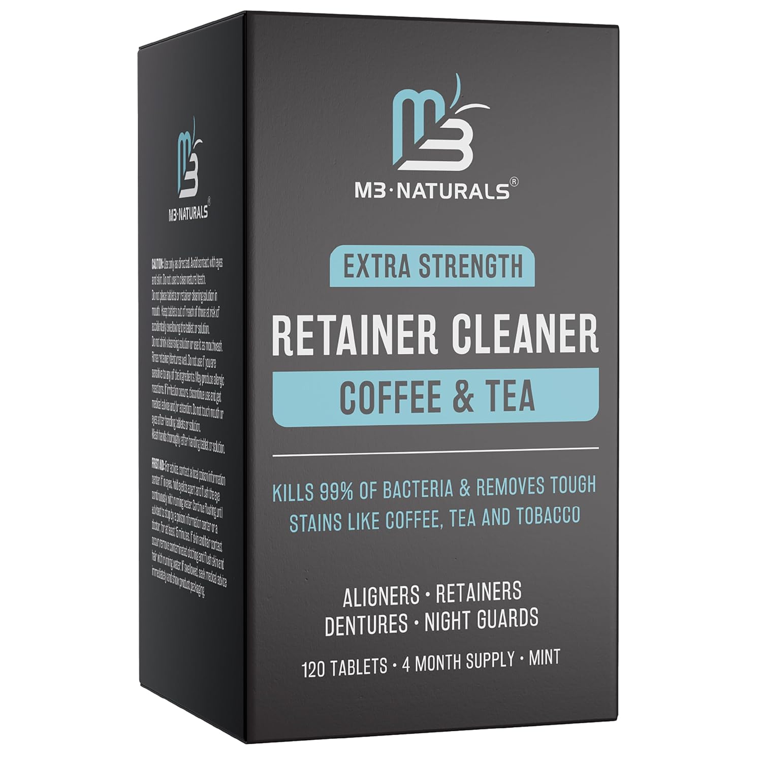 Coffee and Tea Retainer Cleaner Tablets, Removes Odors, Stains, and Plaque, 4-Month Supply, Denture Cleanser for Caffeine Enthusiasts, 120 Tablets by M3 Naturals