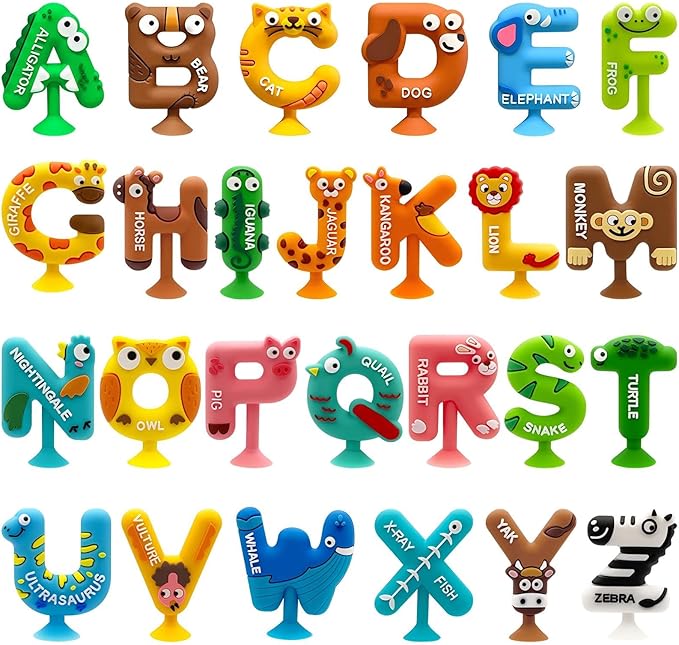26pcs Alphabet Bath Toys for Toddlers , Educational Suction Bath Toys with Animal Letters, Montessori Sensory Toy for Kids 3-12, No Hole Food-Grade Silicone Toys for Autism/ADD/ADHD