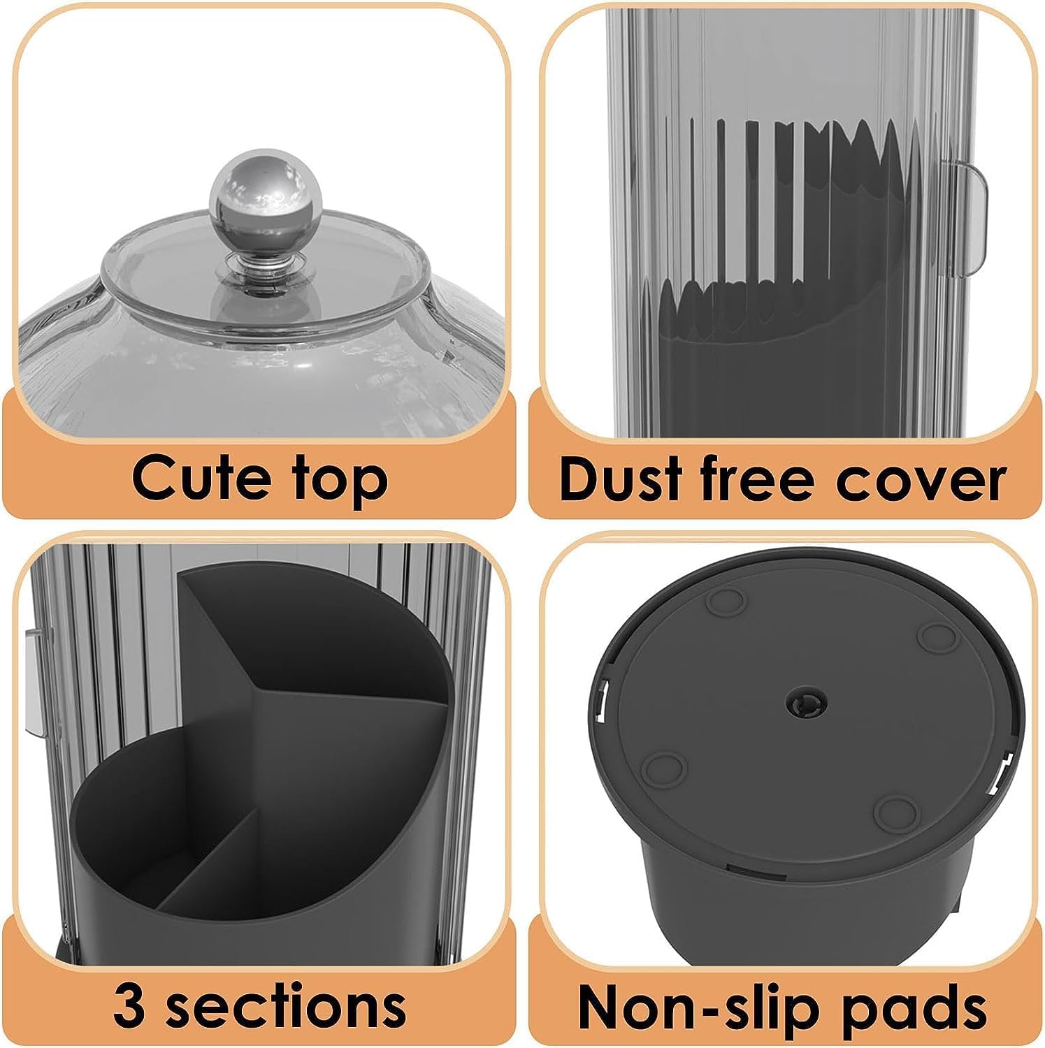 Dustproof Toothbrush Holders with Cover, Rotating Electric Toothbrush and Toothpaste Holder for Bathroom Countertop, 3 Slots Makeup Brushes Organizer, Grey Black