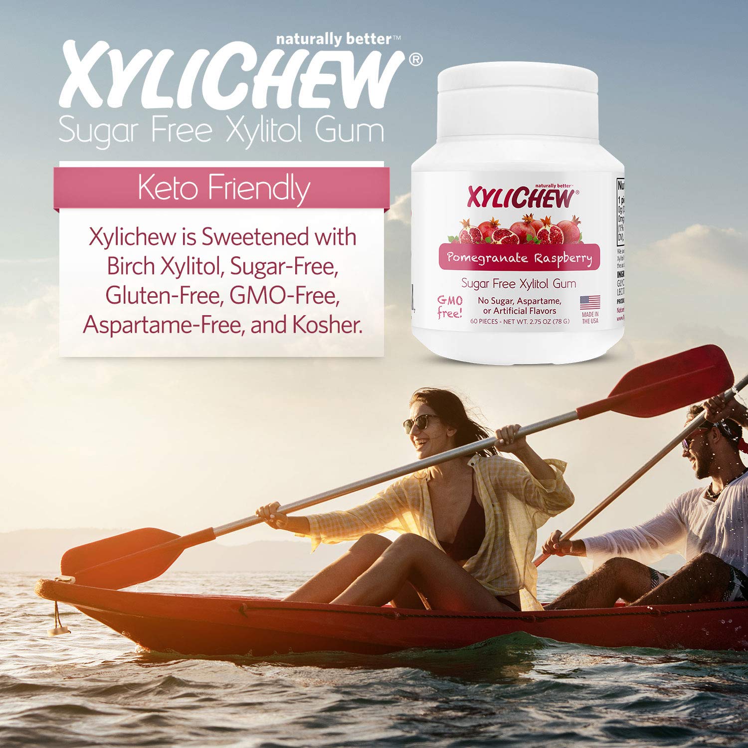 Xylichew 100% Xylitol Chewing Gum - Non GMO, Non Aspartame, Gluten Free, and Sugar Free Gum - Natural Oral Care, Relieves Bad Breath and Dry Mouth - Pomegranate Raspberry, 60 Count