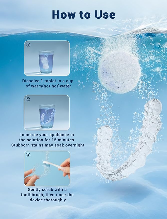 Retainer Cleaner Tablets (120 pcs), Denture Cleaning Tablets for Invisalign, Night Mouth Guard for Aligners, Remove Odors Stains and Plaque, Quick Cleanser, Mint Fresh Flavor, 4 Month Supply