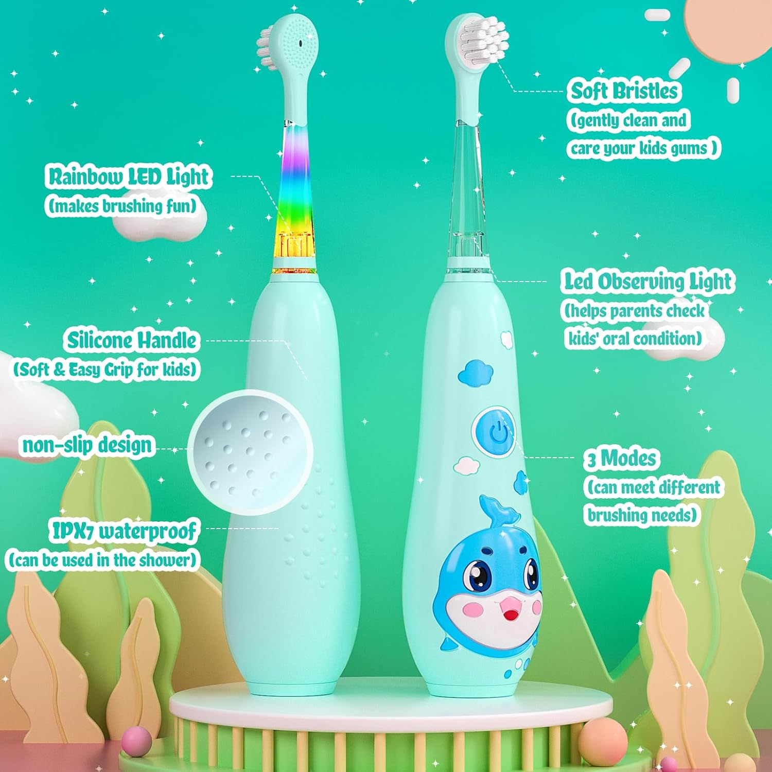 SEAGO Kids Electric Toothbrushes Rechargeable, Toddler Electric Toothbrush with Magnetic Charging, LED Observing Light, 8 Toothbrush Heads for Ages 2-4 -6 Boys Girls (Blue)